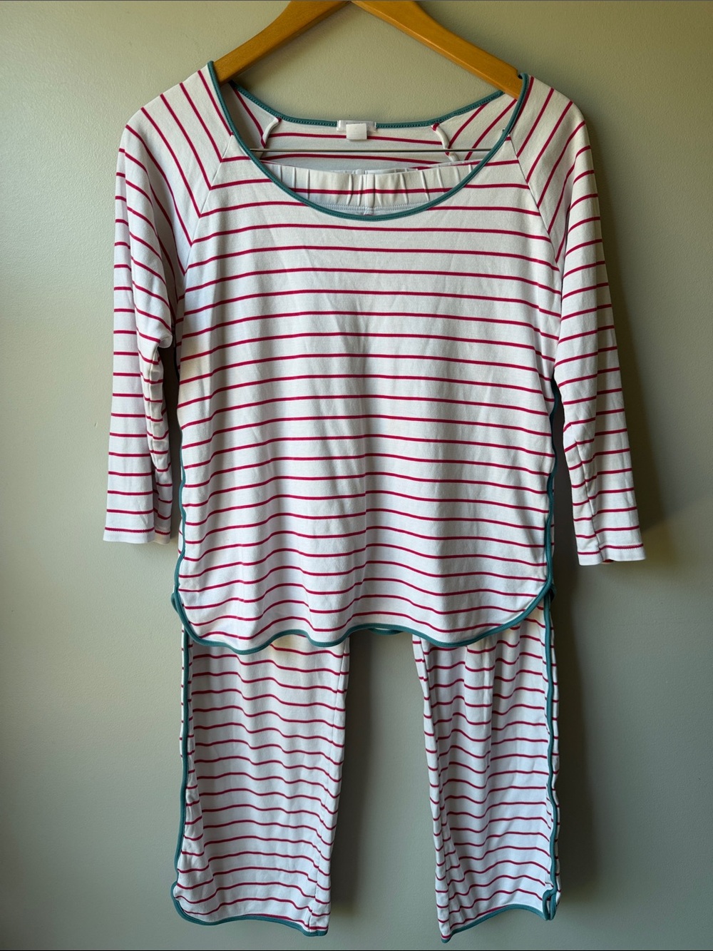 Lake Striped Pink & White Cotton Pajama Set with Teal Trim size M